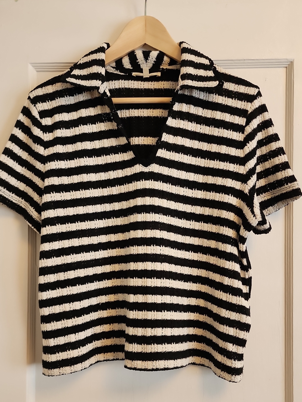 Madewell Black and White Striped Short Sleeve Polo